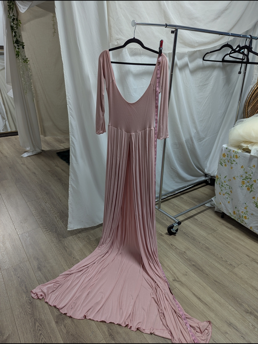 Blush Pink Quarter/ Long-Sleeve Maternity Photoshoot Maxi Dress